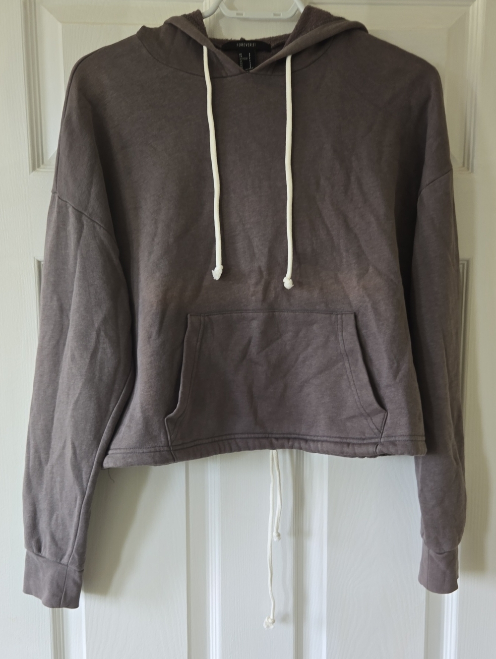 Forever 21 Cropped Taupe Hoodie with White Drawstrings